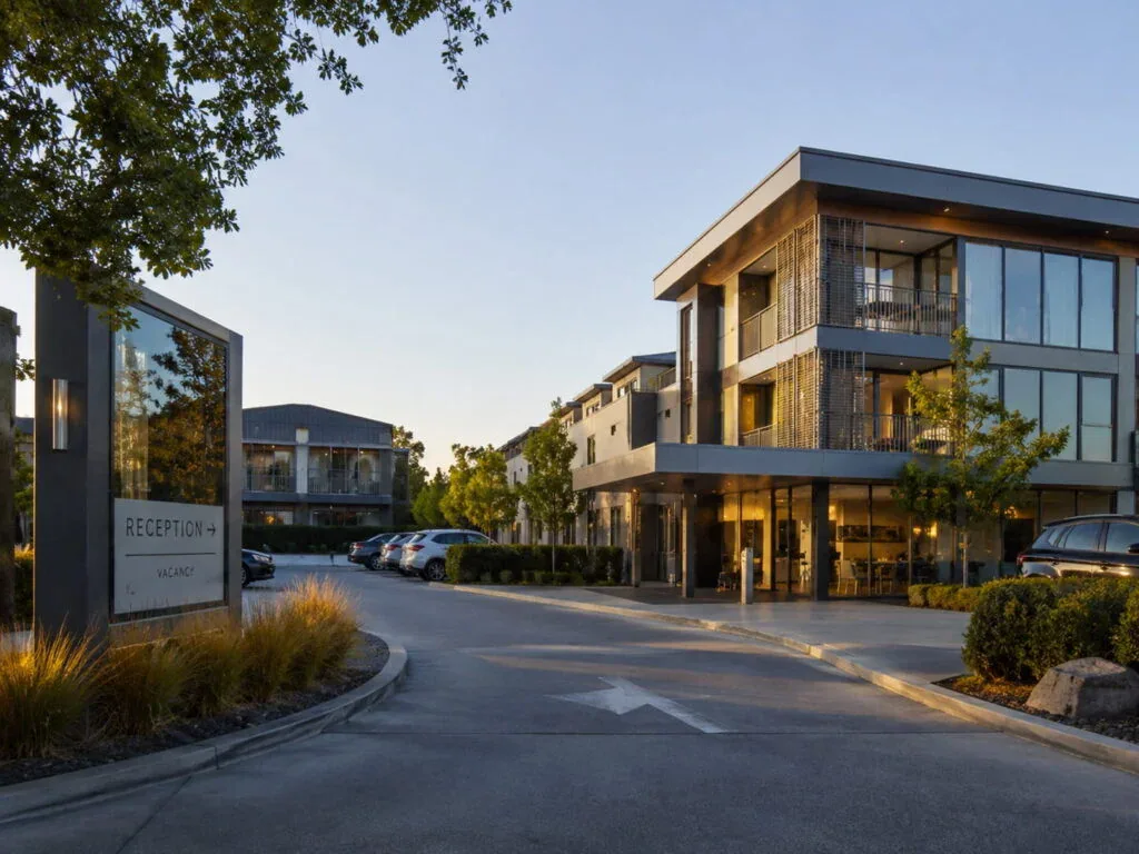 Sealed entrance driveway and parking area at a Christchurch accommodation complex