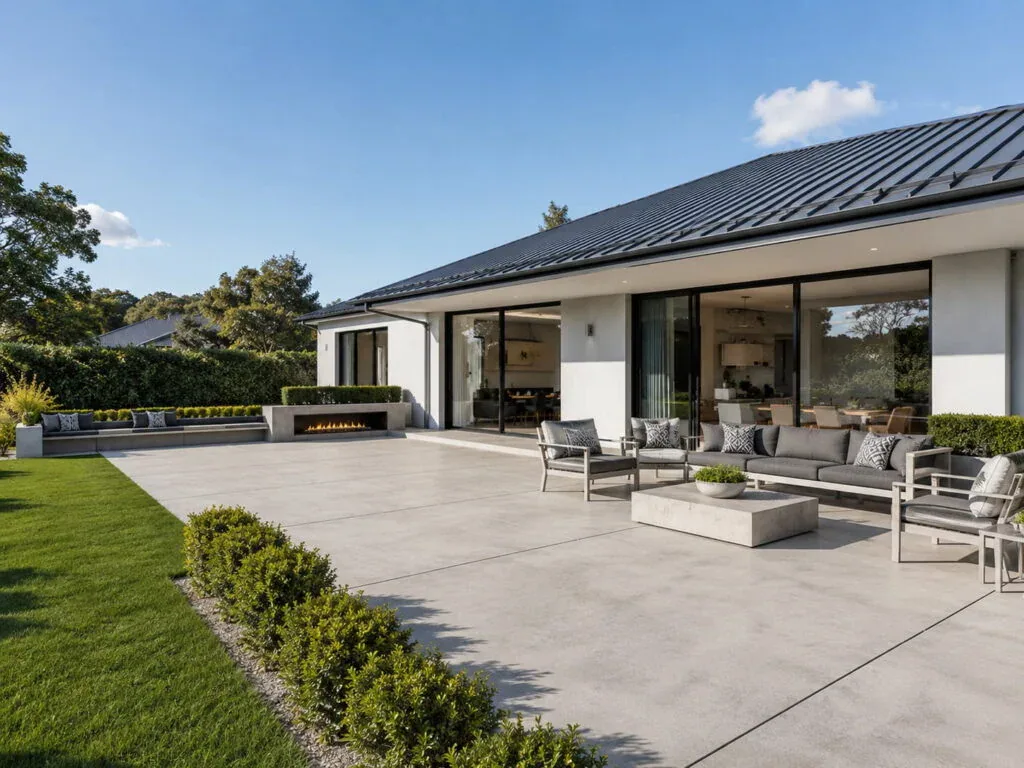 Poured concrete outdoor living area and patio in Canterbury