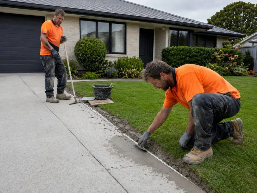 Christchurch concrete contractors hand-finishing the edge of a fresh driveway pour